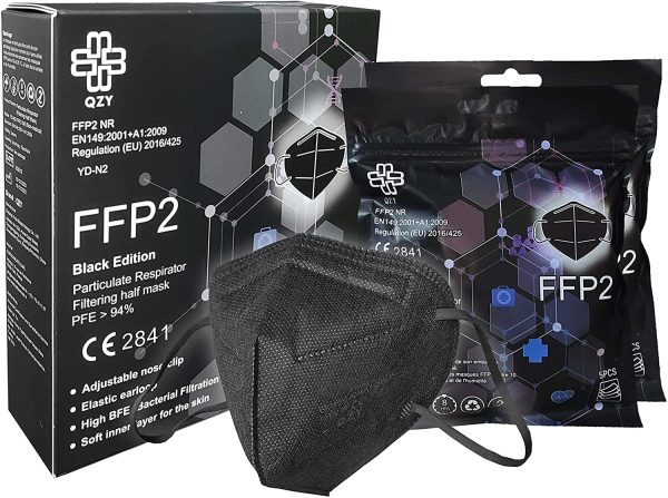 FFP2 Mask Black Edition - Box Of 10 CE Certified Black FFP2 Face Masks - Adjustable Nose Clip With Elastics - 5 Layer Filter Protection Face Masks FFP2 Black - Image 4