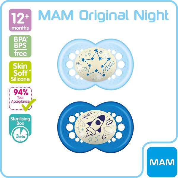 MAM Night Soothers 12+ Months (Pack of 2), Glow in the Dark Baby Soothers with Self Sterilising Travel Case, Newborn Essentials, Blue, (Designs May Vary) - Image 6