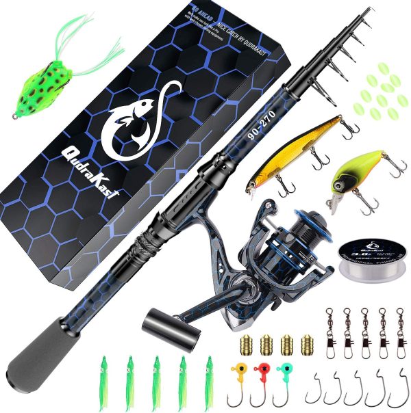 QudraKast Fishing Rod and Reel Combos, Unique Design With X-Warping Painting, Carbon Fiber Telescopic Fishing Rod with Reel Combo Kit with Tackle Box, Best gift for Fishing Beginner and Angler - Image 2