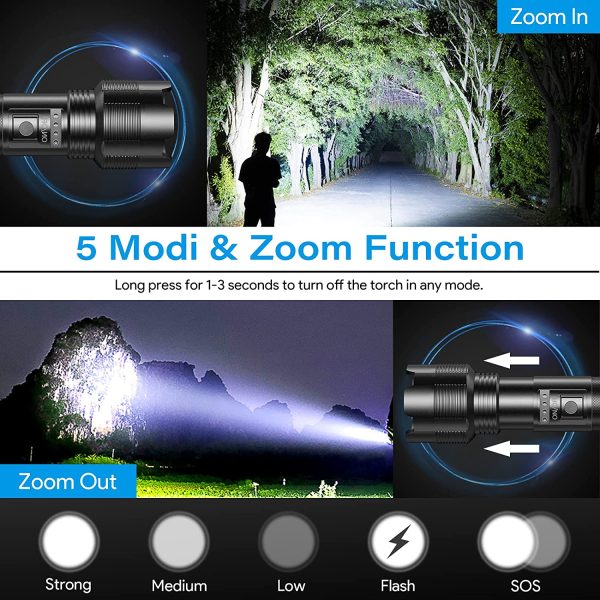 Hoxida LED Torch USB Rechargeable Super Bright High Lumen (with 1pc 18650 Battery) Waterproof, Zoom, Power Display, Tactical Hand Torches Rechargeable Flashlight 5 Modes, for Outdoor Camping Emergency - Image 4