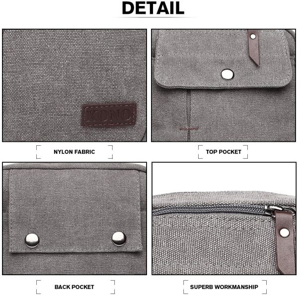 Kono Small Canvas Messenger Bag Men Shoulder Bags Travel Organizer Satchel Durable Multi-Pockets Sling Cross Body Bag Pack (Grey) - Image 6