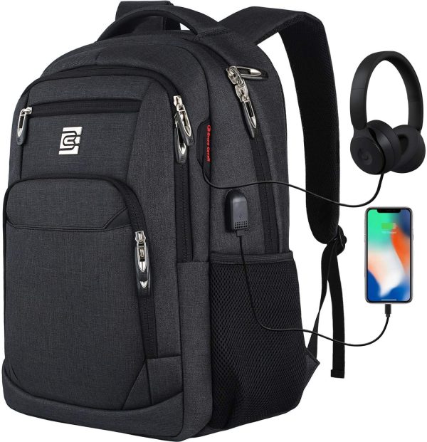 Laptop Backpack with USB Charging&Headphone Port,Anti-Theft Business Laptop Backpack with Breathable Padded Shoulder Strap, Water Resistant Computer Rucksack for School/Work/Travel (17.3 Inch, Black)