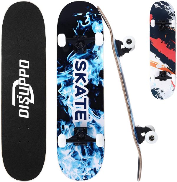 DISUPPO Skateboards,31" x 8"Complete Standard Skate Board for Beginners,7 Layer Canadian Maple Double Kick Skateboard for Adults, Boys, Girls, Kids, Teens