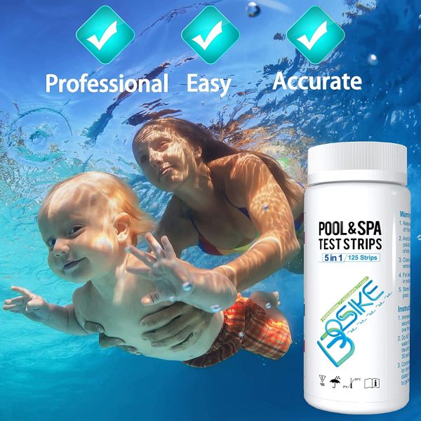 BOSIKE 5 in 1 Water Hot Tub, Swimming Pool & Spa Test Strips Kit - 125 Water Tester Strips for Cyanuric Acid, Free Chlorine, Alkalinity, Bromine and pH Testing - Image 3