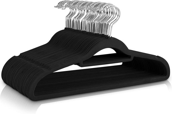 Premium Non-Slip Velvet Hangers [Set of 50] (42cm) ?C Heavy Duty Velvet Suit Hangers with Tie Bar, 360 degree rotatory hook ?C Space saving, sturdy to hold Jacket, Jumper & Pullover (Black)