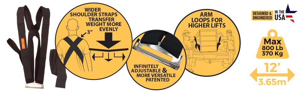 Wider shoulder straps, fully adjustable buckle and arm loops for higher lifts