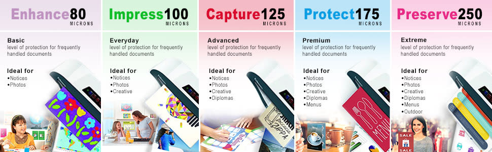 A range of the Enhance80, Impress100, Capture125, Protect175, Preserve 250 laminating pouch choices