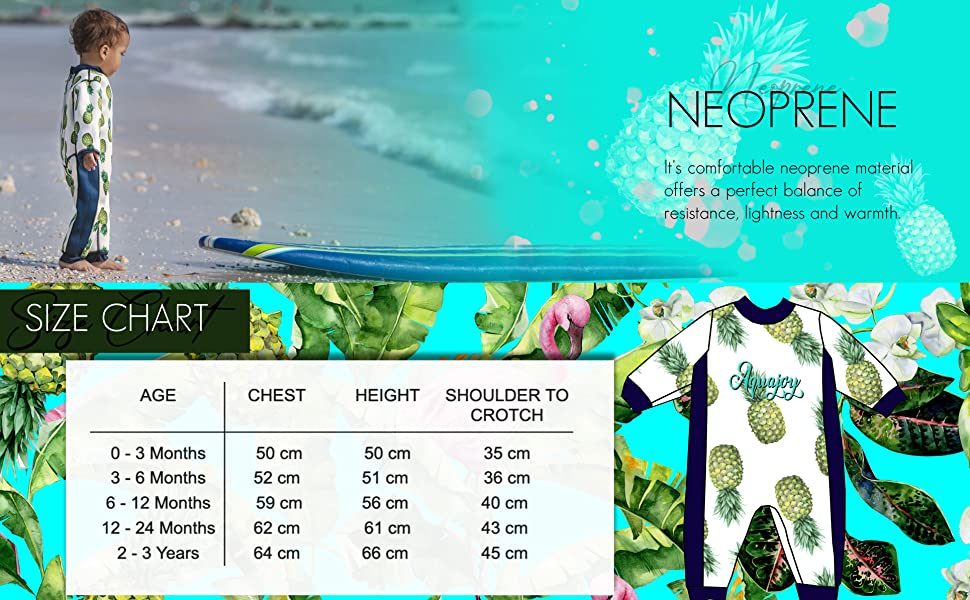 Neoprene material, size chart, Aquajoy, baby wet suit