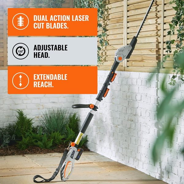 Cordless Pole Hedge Trimmer with 20V MAX Battery, Charger, Shoulder Strap & Blade Cover - Includes Dual Action Laser Cut Blades, 135?? Adjustable Head & Extendable Reach - 3.8kg - Image 8