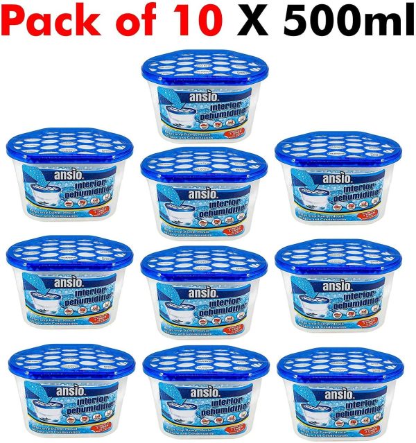 Dehumidifier Pack of 10 x 500ml Condensation Remover Moisture Absorber, Dehumidifiers for Damp, Mould, Moisture in Home, Kitchen, Wardrobe, Bedroom, Caravan, Office, Garage, Bathroom, Basement 500 ml, Pack of 10