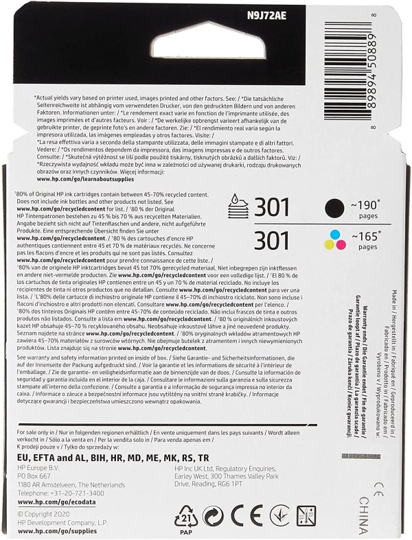 HP N9J72AE 301 Original Ink Cartridges, Black and Tri-Colour, Multipack - Image 5