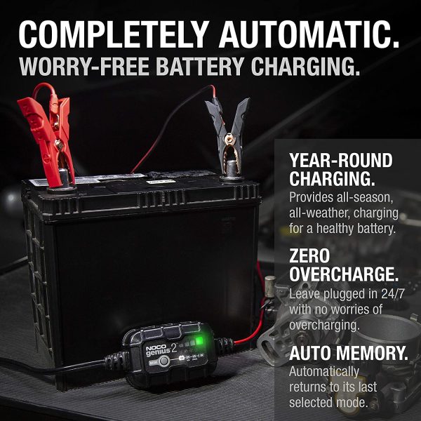 GENIUS2UK, 2A Fully-Automatic Smart Charger, 6V and 12V Battery Charger, Battery Maintainer, Trickle Charger and Battery Desulfator with Temperature Compensation