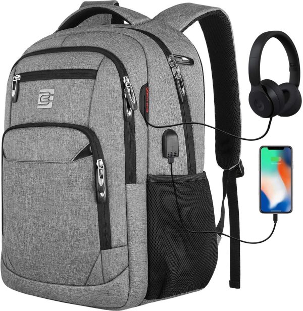 Laptop Backpack with USB Charging&Headphone Port,Anti-Theft Business Laptop Backpack with Breathable Padded Shoulder Strap, Water Resistant Computer Rucksack for School/Work/Travel (15.6 Inch, Grey) - Image 2