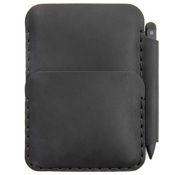 Black Leather case for Microsoft Surface Duo 2 with original BUMPER. PEN holder, personalised wallet pouch.