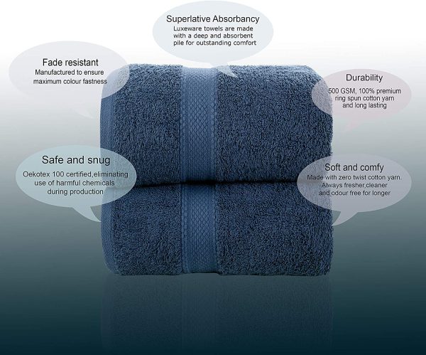 Daily Use Jumbo Extra Large XL Bath Sheet Towel Set (90 x 180 cm) - 2 Piece Bath Sheets Set - 500 GSM 100% Cotton Absorbent Quick Dry (Navy Blue) - Image 6