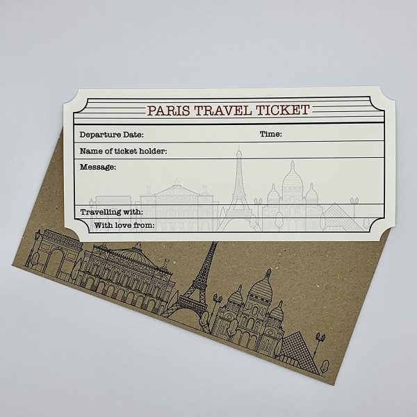 Paris Travel Ticket and Envelope (DIY). Paris themed (DIY) ticket surprise holiday gift.