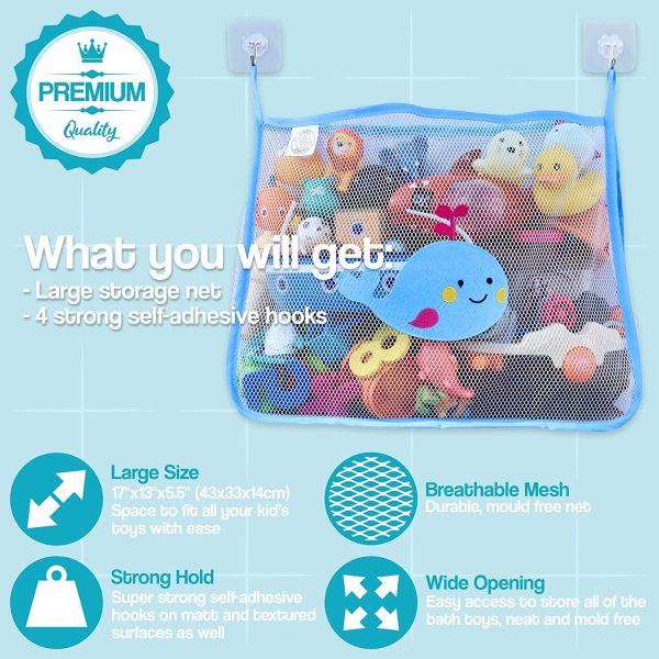 COSY ANGEL Baby Bath Toy Bag for Bath Toys Large Organiser Bathroom Storage Net with 4 Waterproof Self Adhesive Hooks (Blue)