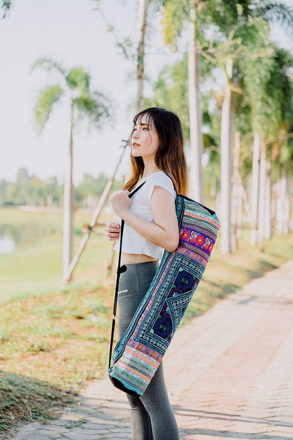 Cherr Handmade Yoga Mat Bag, Hmong Embroidered Yoga Mat Bag, Unique Boho Yoga Mat Bag from Thailand (Diamond Blue) - Image 5