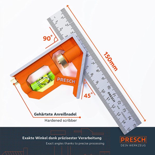 Presch Combination Square 150mm Metric ?C Accurate Universal Adjustable Carpenter Square with Stainless Metal Stop Ruler and Scribing Tool ?C Professional Measuring Tool - Image 4