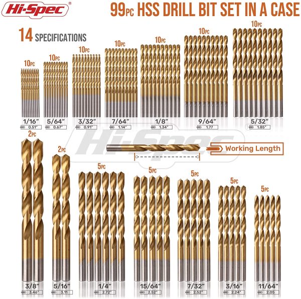 Hi-Spec 99 Piece Multi Drill Bit Set. 14 Sizes from 1mm to 10mm. HSS Titanium Steel Bits for Metal, Woods & Plastics. Complete in a Storage Case - Image 5