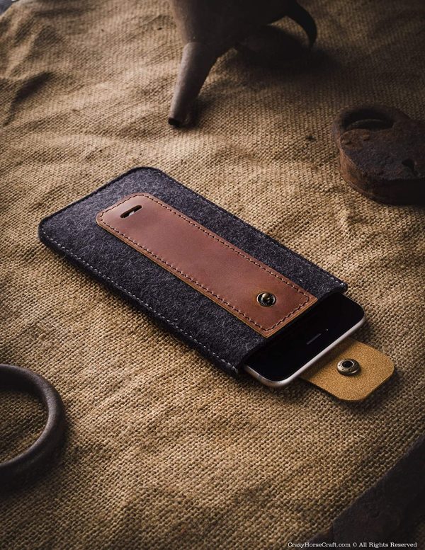 iPhone 11 sleeve/case, unique brown vintage handmade Crazy Horse leather phone cover, wool felt, iPhone 11 Pro, 11 Pro Max, Xs Max, Xr, Xs, X, 8, Samsung Galaxy S10 Plus, S10e, S9, Crazy Horse Craft - Image 9