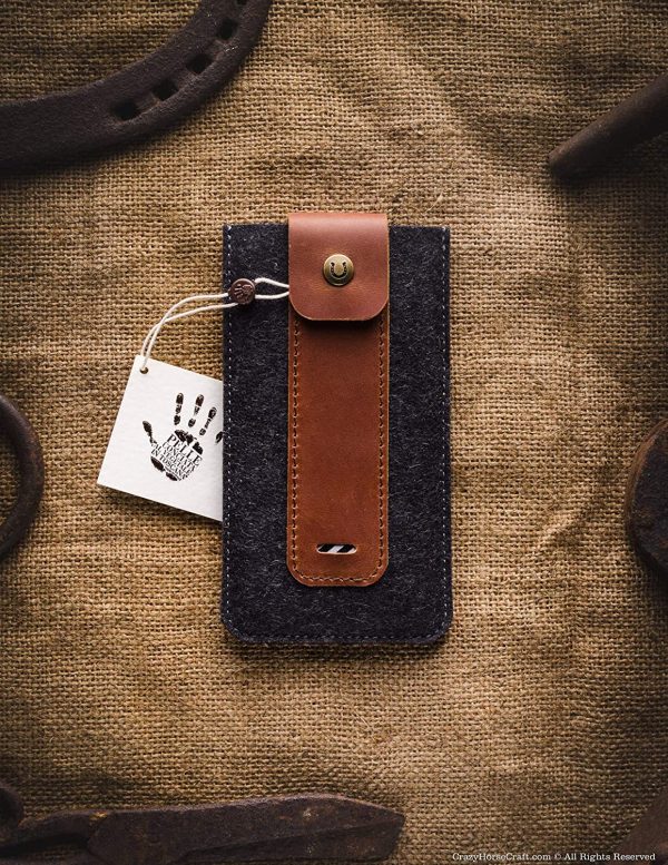 iPhone 11 sleeve/case, unique brown vintage handmade Crazy Horse leather phone cover, wool felt, iPhone 11 Pro, 11 Pro Max, Xs Max, Xr, Xs, X, 8, Samsung Galaxy S10 Plus, S10e, S9, Crazy Horse Craft - Image 3