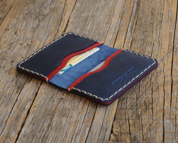 Blue and red leather wallet. Credit card, cash or ID holder. Rustic style unisex pouch.