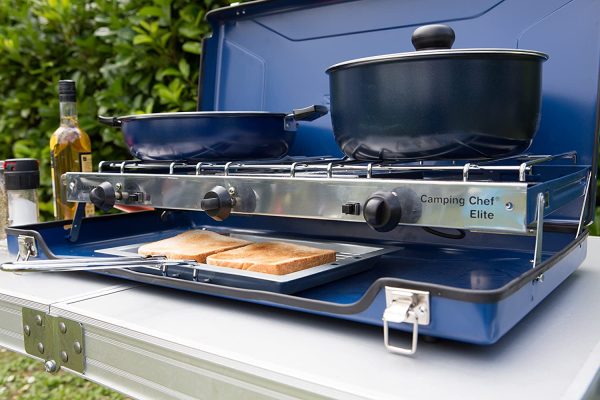 Campingaz Chef Folding Double Burner Stove and Grill, compact gas cooker for camping or festivals.