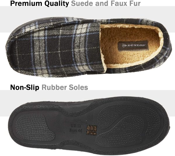 Dunlop Moccasins Slippers Men | Moccasin Loafers Faux Sheepskin Slippers with Rubber Sole | Classic Memory Foam Plush House Slippers | Breathable Indoor Outdoor Shoes