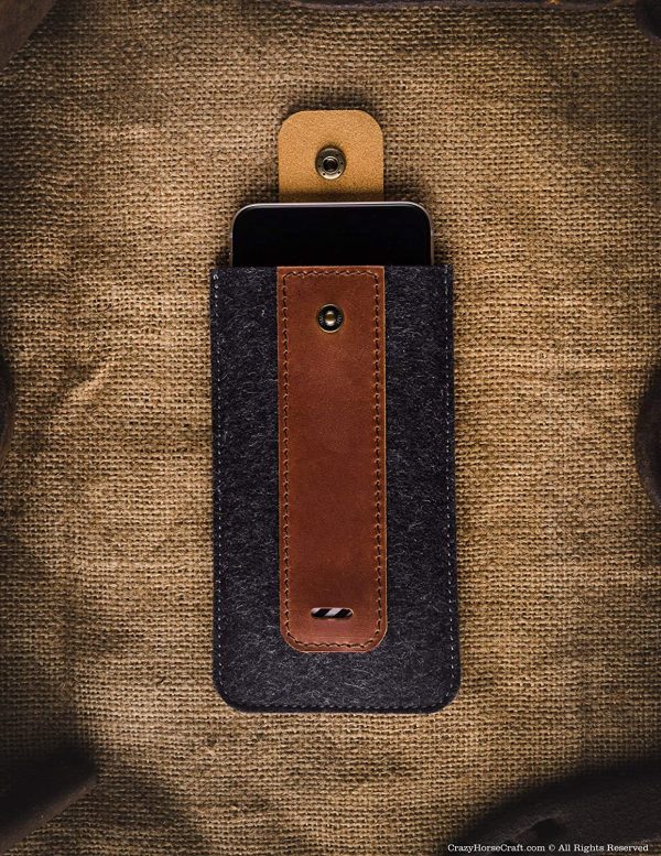 iPhone 11 sleeve/case, unique brown vintage handmade Crazy Horse leather phone cover, wool felt, iPhone 11 Pro, 11 Pro Max, Xs Max, Xr, Xs, X, 8, Samsung Galaxy S10 Plus, S10e, S9, Crazy Horse Craft - Image 4