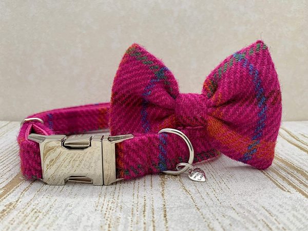 (Iona) Harris Tweed Dog Collar with detachable Bow Tie - Cerise Pink