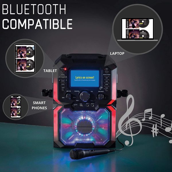 Daewoo AVS1302 Bluetooth Portable Karaoke Machine with 2 Wired Microphones, 5 inch Digital LCD Display Screen, 3.5mm AUX Input, CD, MP3, USB Connection, LED Lights & 2 Mic In Jacks - Image 7