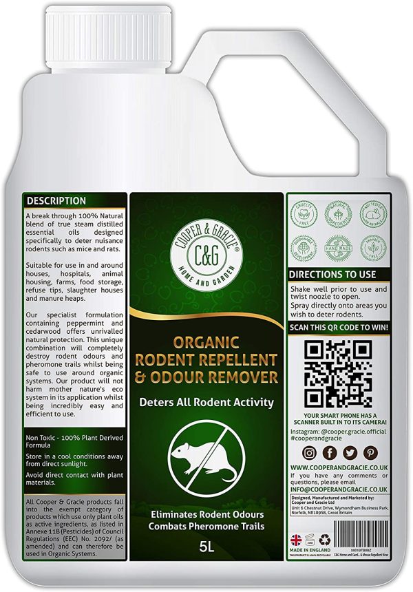 C&G Home and Garden | Organic Rodent Repellent 5L | Natural Alternative To Mice Poison & Mouse Poison Indoors Outdoor | Peppermint Oil Rat Repellent & Mouse Repellent