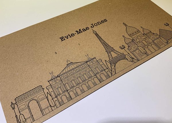 Paris Personalised Travel Ticket and Envelope. Paris themed ticket surprise holiday gift.