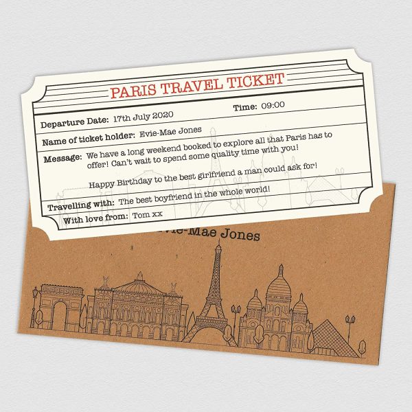 Paris Personalised Travel Ticket and Envelope. Paris themed ticket surprise holiday gift. - Image 3