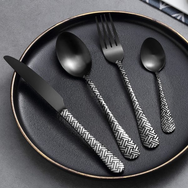 Cutlery Set,  16-Piece Matt Black Unique Pattern Design for Gift, Stainless Steel Flatware Set, Silverware Set with Spoon Knife and Fork Set, Service for 4, Dishwasher Safe - Image 4