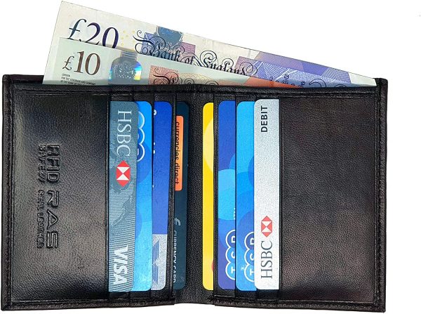 RAS Mens RFID Safe Soft Genuine Leather Credit Card and Banknote Pocket Slimline Wallet 122 (Black)