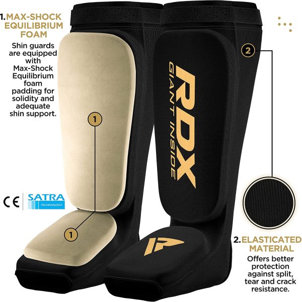 RDX Shin Guards Kickboxing Muay Thai, SATRA Approved, MMA Leg Instep Protection Pads, Sparring Training Martial Arts Boxing, Elasticated Padded Protector, karate BJJ Taekwondo Gear, Men Women - Image 3