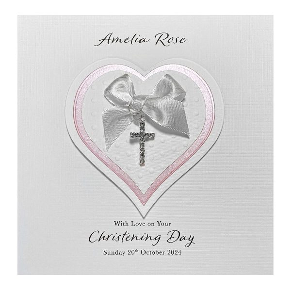 Personalised Christening Card Diamant?? Cross Charm Heart Handmade - Girl - Image 2