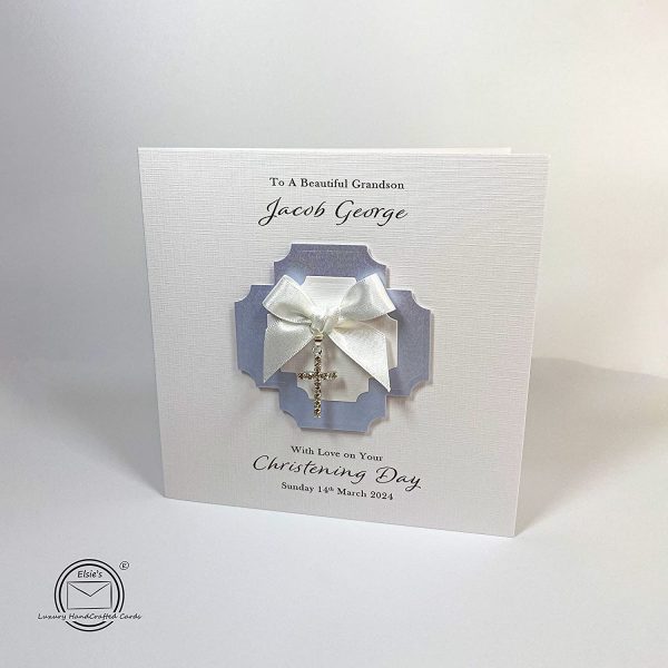 Personalised Christening Card Diamant?? Cross Charm Handmade - Boy - Image 2