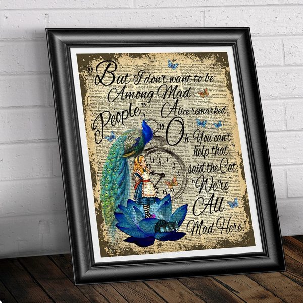 Home Decor Alice in Wonderland, Peacock Illustration, Art Print on Antique Dictionary Book Page Published in 1889, Unique Gift, Wall art