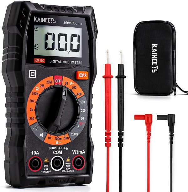 KM100 Digital Multimeter with Case, AC DC Voltmeter, 10A DC Current Meter, Ohm Volt Amp Test Meter, Continuity Test Diode Voltage Tester for Household Outlet, Automotive Battery Test, 2 Fuses - Image 2