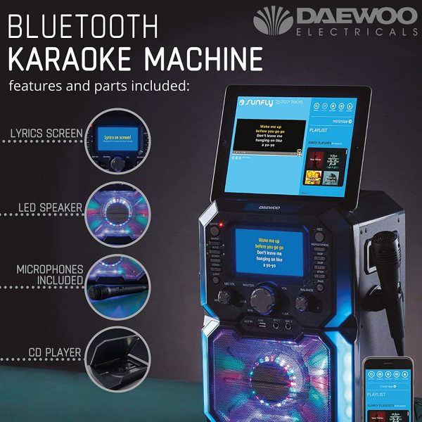 Daewoo AVS1302 Bluetooth Portable Karaoke Machine with 2 Wired Microphones, 5 inch Digital LCD Display Screen, 3.5mm AUX Input, CD, MP3, USB Connection, LED Lights & 2 Mic In Jacks - Image 6