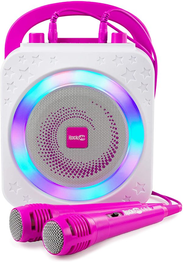 RockJam 10-Watt Rechargeable Bluetooth Karaoke Machine with Two Microphones, Voice Changing Effects & LED Lights - Pink