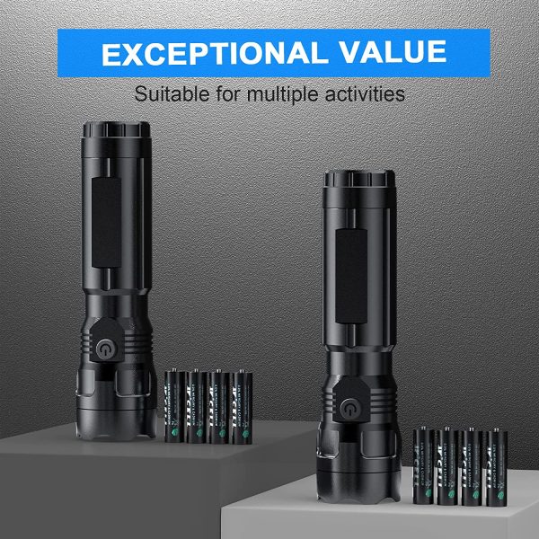 LED Torch, 2 Pack Torches LED Super Bright with Single Mode, Long Working Time, Waterproof Powerful Torch Flashlight for Camping Fishing Power Cuts, 8 AAA Batteries Included - Image 2