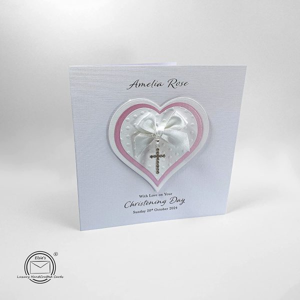 Personalised Christening Card Diamant?? Cross Charm Heart Handmade - Girl