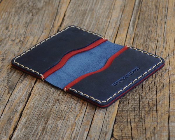 Blue and red leather wallet. Credit card, cash or ID holder. Rustic style unisex pouch. - Image 5