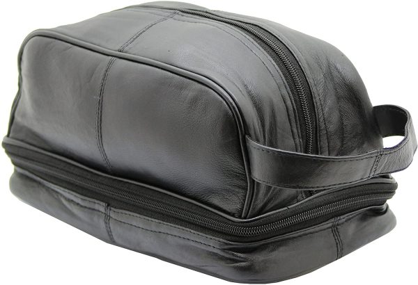 RAS WALLETS Mens Ladies Large Genuine Leather Travel Overnight Wash Gym Toiletry Cosmetic Shaving Bag with Carry Handle 3530 (Black) - Image 3