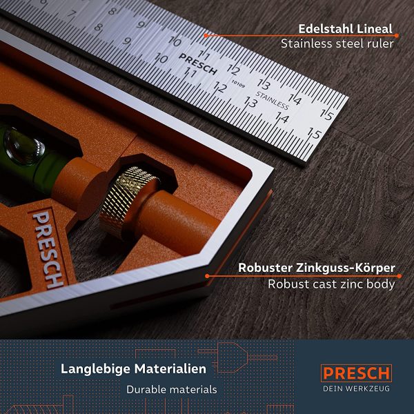 Presch Combination Square 150mm Metric ?C Accurate Universal Adjustable Carpenter Square with Stainless Metal Stop Ruler and Scribing Tool ?C Professional Measuring Tool