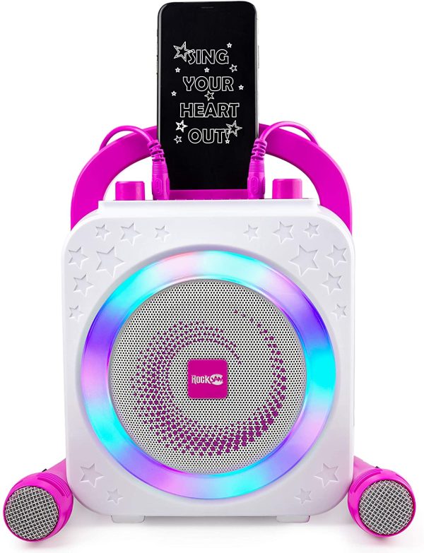 RockJam 10-Watt Rechargeable Bluetooth Karaoke Machine with Two Microphones, Voice Changing Effects & LED Lights - Pink - Image 7